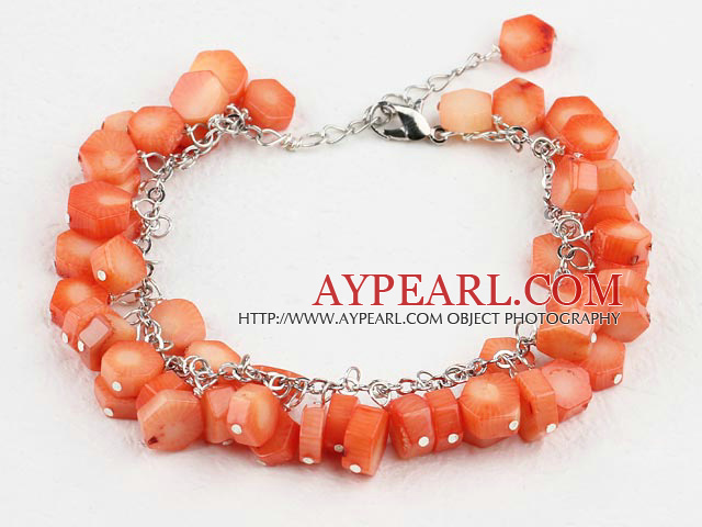 Polygon Orange Color Coral Beaded Bracelet With Extendable Chain