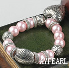 Fashion Pink Round Acrylic Pearl And Engraved Metal Charm Heart Pendant Bracelet