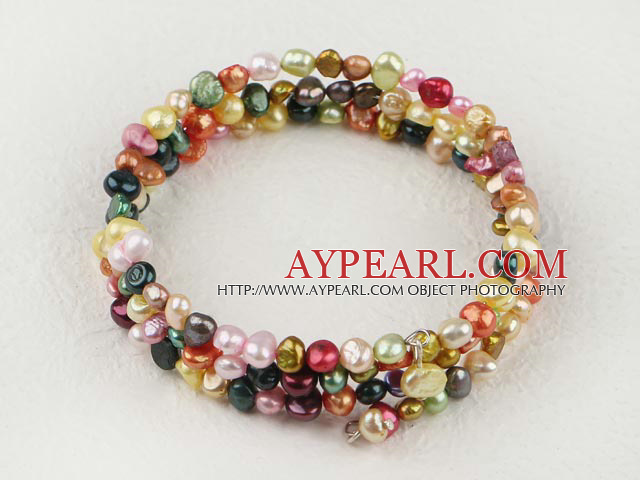 Fashion Multi Strand Multi Color Freshwater Pearl Elastic Wrap Bangle Bracelet