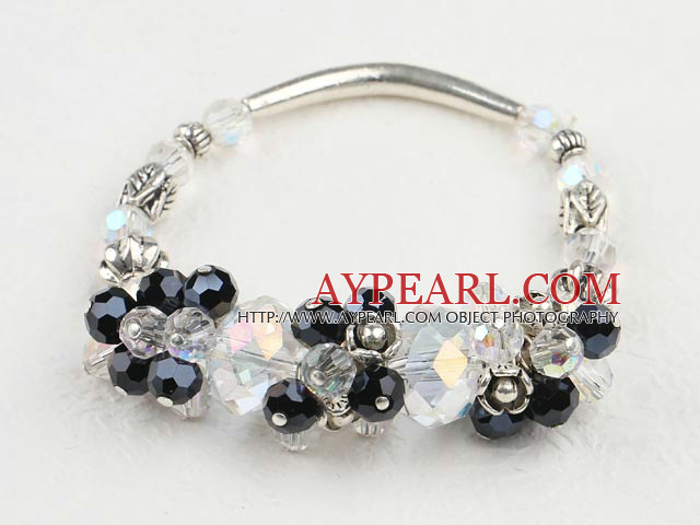 Wonderful Cluster Style Faceted White And Black Crystal Tube Metal Charm Elastic Bracelet