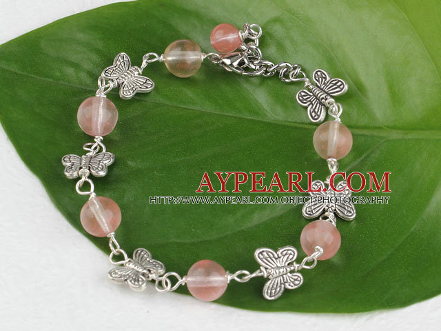 7.5 inches cherry quartze butterfly charm bracelet with extendable chain