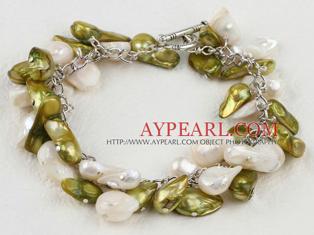 Fashion White And Dyed Yellowish Green Blister Freshwater Pearl Link Bracelet