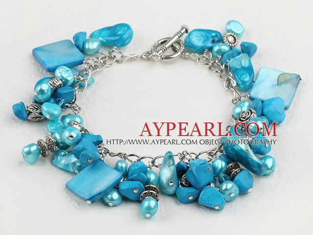 Lovely Blue Blister Freshwater Pearl And Square Shell Bracelet With Toggle Clasp