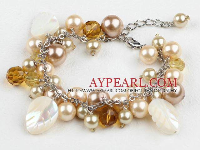 Popular Round Seashell Bead Crystal And White Leaf Shell Loop Chain Bracelet With Lobster Clasp