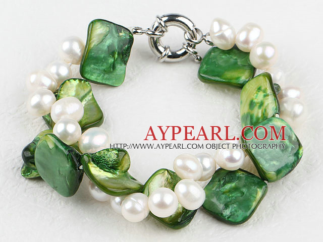 Natural White Fresh Water Pearl And Green Shell Bracelet With Moonight Clasp