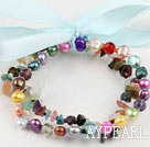 Popular Multi Color Freshwater Pearl And Chips Stone Elastic Bracelet With Blue Ribbon