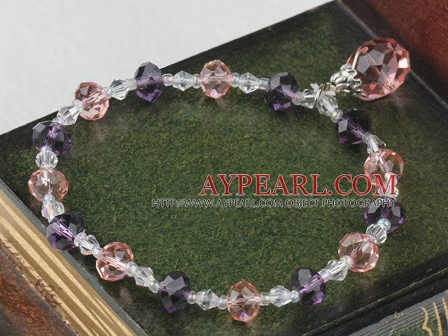 Fashion Pink Purple And White Czech Crystal Elastic Stretch Bracelet With Pink Teardrop Pendant