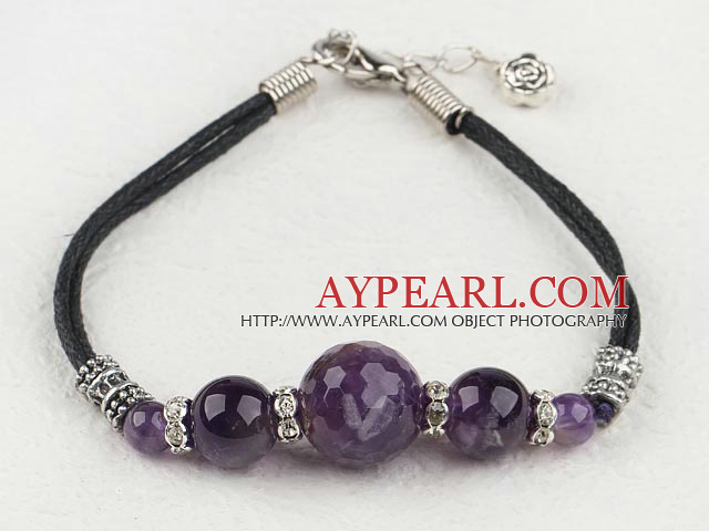 Fashion Natural Amethyst Ball Rhinstone Charm Bracelet With Black Cord