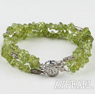 Fashion Three Strand Chipped Olive Green Stone Bracelet With Multi-Row Clasp