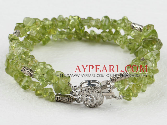 Fashion Three Strand Chipped Olive Green Stone Bracelet With Multi-Row Clasp
