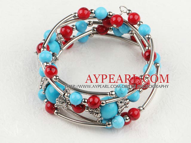 Popular Round Blue Turquoise And Red Bloodstone Wrap Metal Charm Bracelet