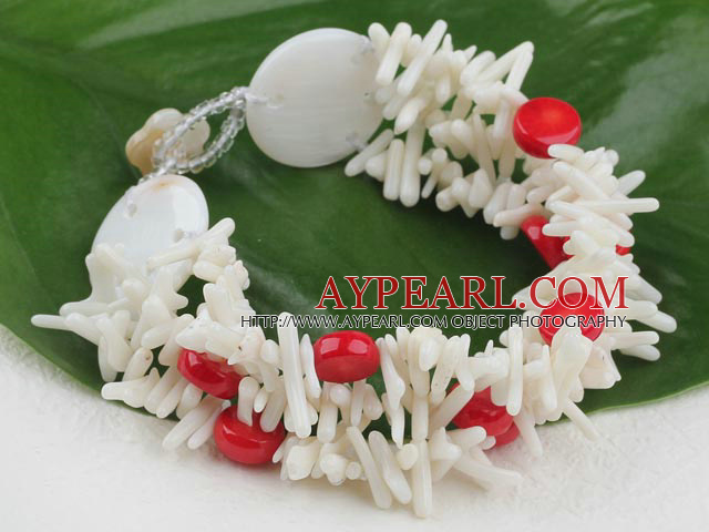 Elegant Mixted White Teeth And Flat Round Red Coral And Large Stone Bracelet With Flower Clasp