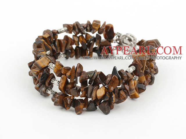 Popular Three Strand Chipped Tiger Eye Stone Bracelet With Multi-Row Clasp