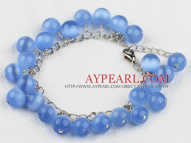 Fashion Round Blue Cats Eye Link Charm Bracelet With Extendable Chain