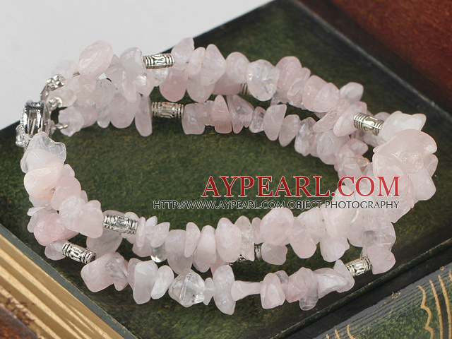 Favorite 3-Strand Chipped Rose Quartz And Metal Charm Bracelet With Metal Closure