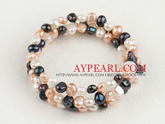 Fashion White Pink And Black Freshwater Pearl Elastic Wrap Bangle Bracelet