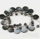 Wholesale Popular Black Freshwater Pearl And Black Lip Shell Loops Link Bracelet With Extendable Chain