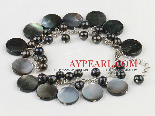 Popular Black Freshwater Pearl And Black Lip Shell Loops Link Bracelet With Extendable Chain