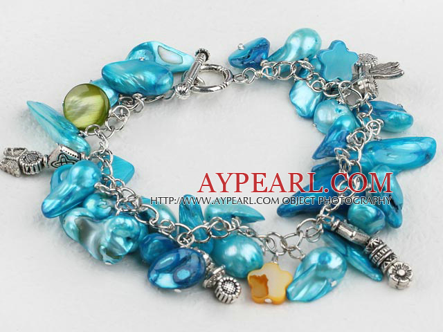 Fashion Sky Blue Blister Pearl And Star Shell Loop Chain Bracelet With Toggle Clasp