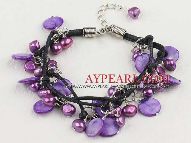 Nice Purple Series Freshwater Pearl And Disc Shell Braided Bracelet With Extendable Chain 