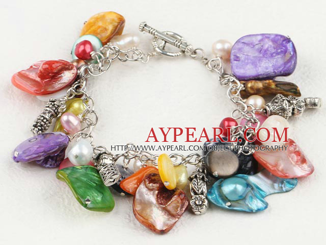 Fashion Multi Color Freshwater Pearl And Mixed Shape Shell Metal Charm Link Bracelet With Toggle Clasp