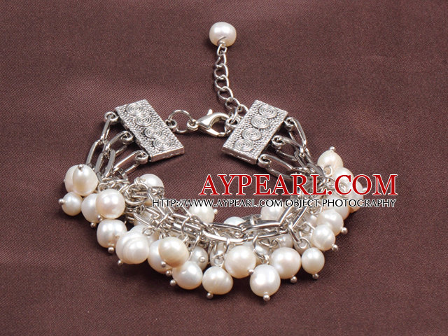 Fashion Multi Strand Natural White Freshwater Pearl Charm Bracelet