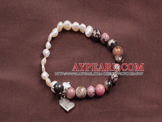 Popular Style Natural White Freshwater Pearl Rhodochrosite Elastic Bracelet avec breloque Coeur