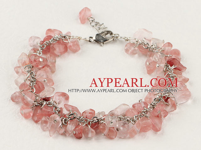 Nice Cluster Style Chipped Cherry Quartz Bracelet With Extendable Chain