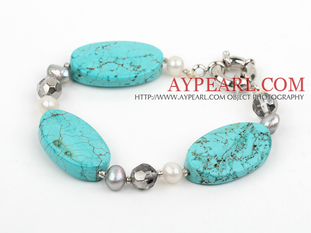 Nice White Gray Pearl And Large Oval Shape Turquoise And Crystal Bracelet