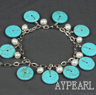 Lovely Loop Chain Style White Freshwater Pearl And Disc Turquoise Bracelet