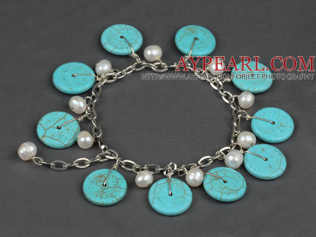 Lovely Loop Chain Style White Freshwater Pearl And Disc Turquoise Bracelet