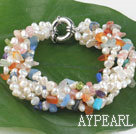 Fashion White Freshwater Pearl And Multi Chips Stone Bracelet With Moonight Clasp