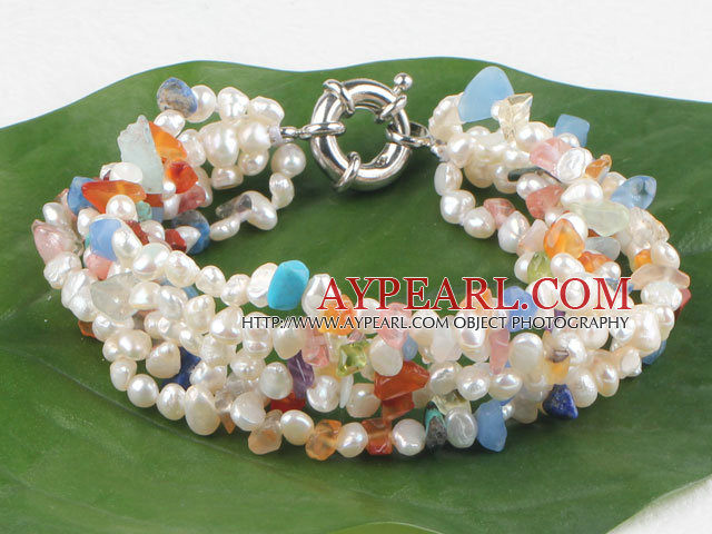 Fashion White Freshwater Pearl And Multi Chips Stone Bracelet With Moonight Clasp