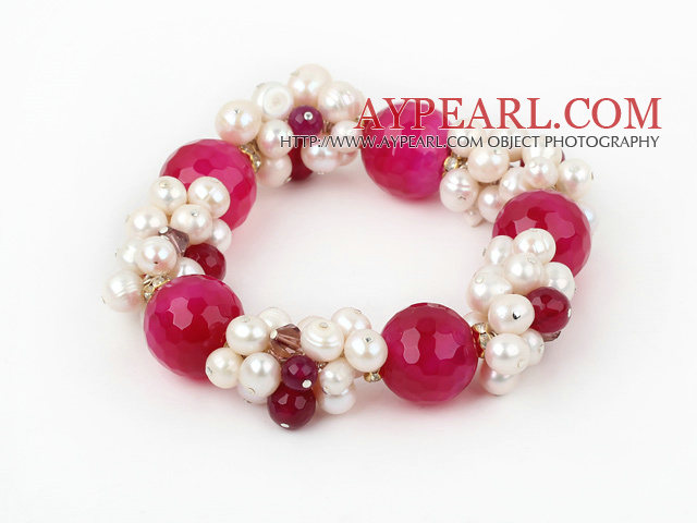 Blandade Vita Sötvatten Pearl och Big hoade rosa Agate Stretch armband