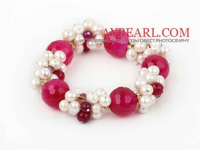 Ποικιλία White Pearl γλυκού νερού και Big Hot Pink Agate βραχιόλι Stretch