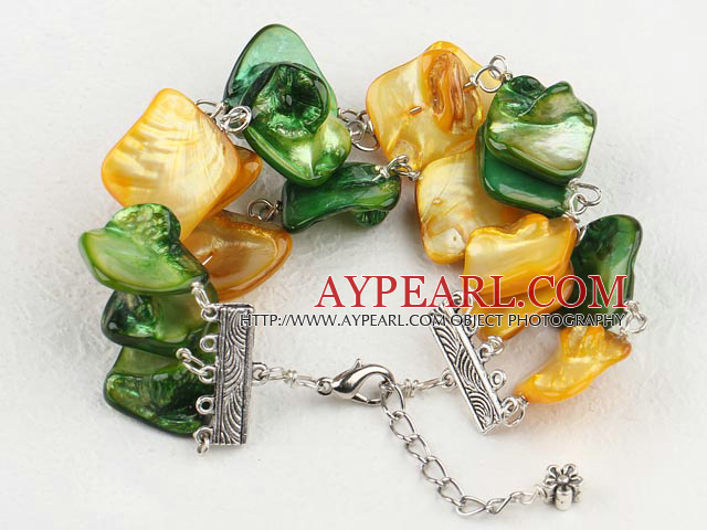 Nice Irregular Golden And Olive Green Shell Bracelet With Extendable Chain