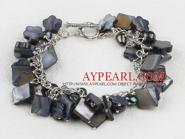 Fashion Loop Chain Style Black Square Flower Shell And Black Pearl Bracelet With Toggle Clasp 