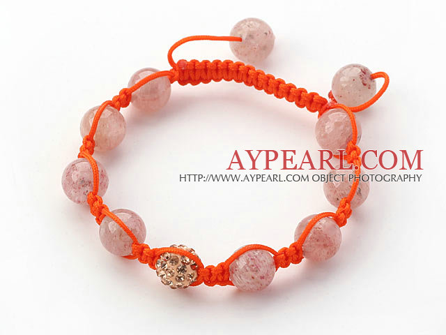 Pink Series 10mm Round Strawberry Quartz and Rhinestone Beads Adjustable Drawstring Bracelet