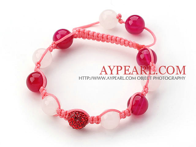Hot Pink Series 10mm Round White Jade and Pink Agate and Rhinestone Beads Adjustable Drawstring Bracelet