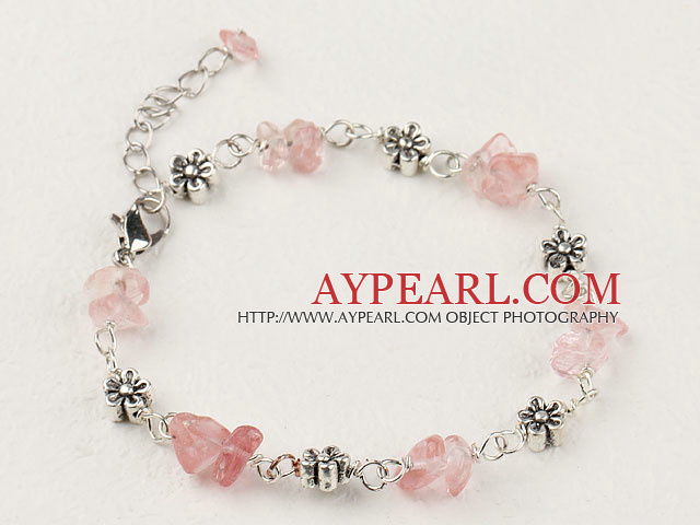 Simple Style Cherry Quartz Chips Flower Metal Charm Bracelet With Extendable Chain