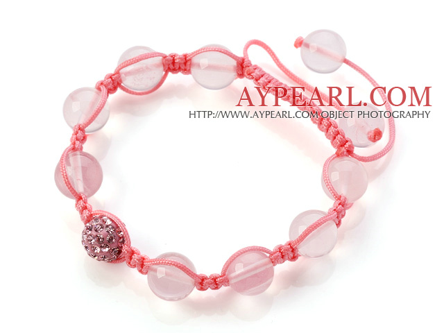 Pink Series 10mm Round Madagascar Rose Quartz and Rhinestone Beads Adjustable Drawstring Bracelet