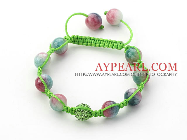 Light Green Series 10mm Watermelon Chalcedony and Rhinestone Beads Adjustable Drawstring Bracelet Adjustable Drawstring Bracelet