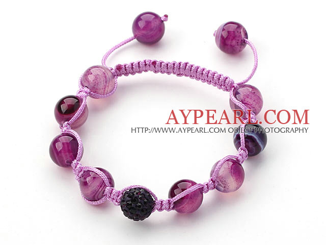 Purple Series 10mm Round Purple Stripe Agate and Rhinestone Beads Adjustable Drawstring Bracelet