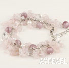 Fashion Mixed Rose Quartz And Crystal Metal Link Bracelet With Lobster Clasp