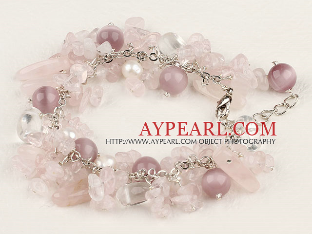 Fashion Mixed Rose Quartz And Crystal Metal Link Bracelet With Lobster Clasp