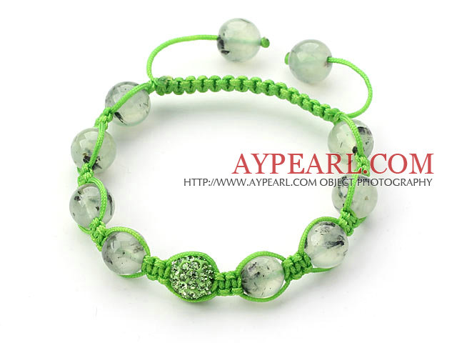 Lys grønn Series 10mm Round Prehnite og Rhinestone perler justerbar snor armbånd