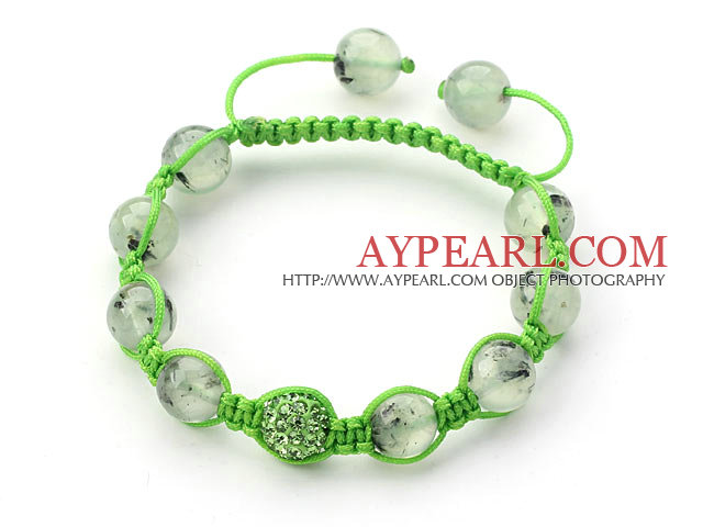 Light Green Series 10mm Πολύπλευρη Prehnite και Rhinestone χάντρες ρυθμιζόμενο βραχιόλι κορδόνι