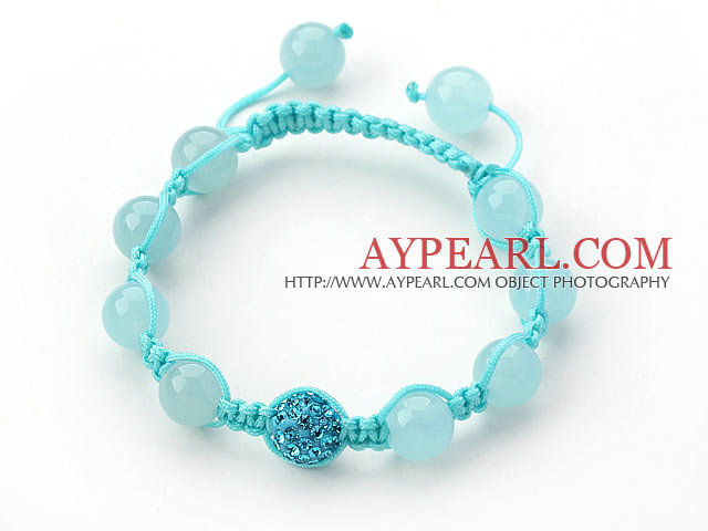 Light Blue Series 10mm Lumière Jade Bleu et perles de strass Bracelet avec cordon de serrage réglable