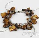 Fashion Mixed Shape Tiger Eye And Shell Bracelet With Long Loop Chain