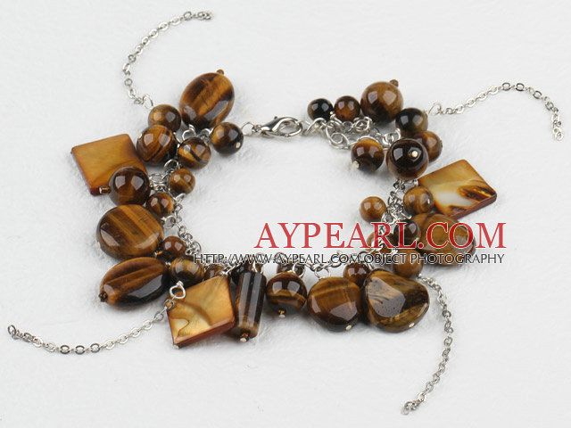 Fashion Mixed Shape Tiger Eye And Shell Bracelet With Long Loop Chain